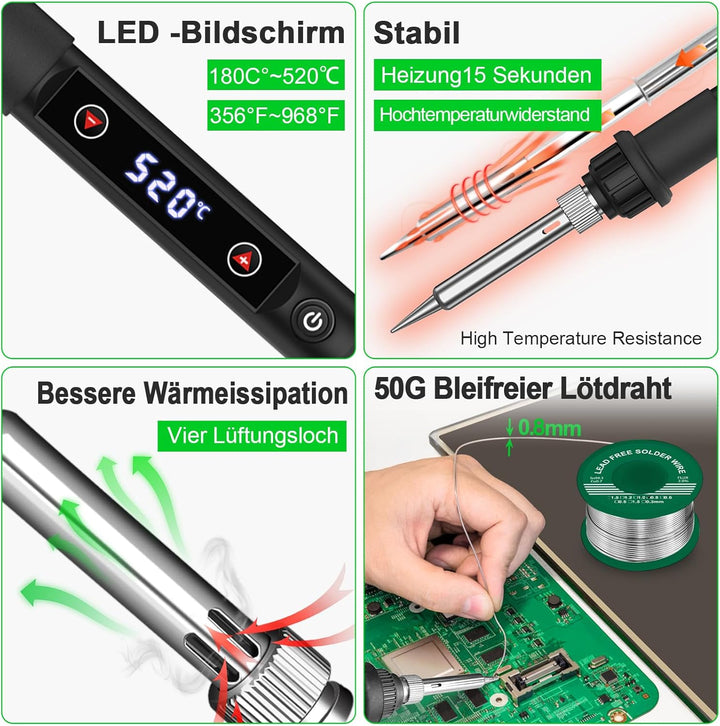 Lötkolben Set 80W LED Einstellbar Temperatur 180-520°C Lötkolben mit Ein/Aus Schalter, 50g Lötdraht,