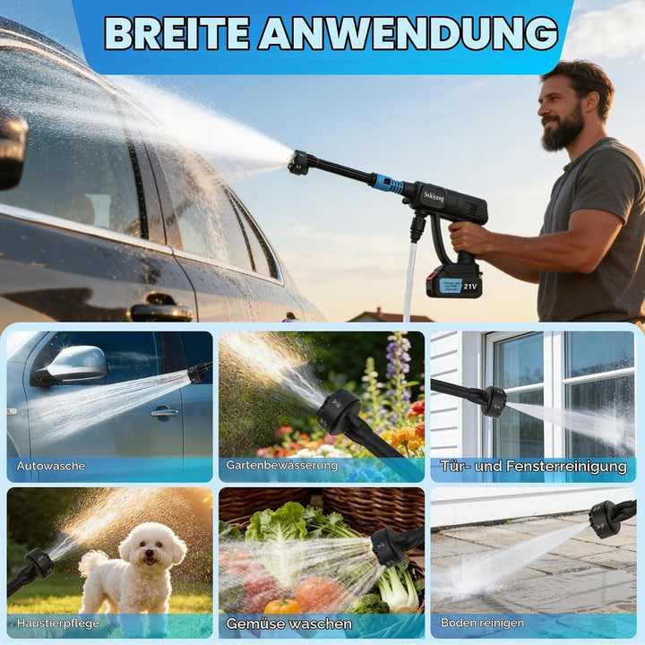 Akku Hochdruckreiniger 21V, Tragbarer Hochdruckreiniger Akku mit 2x4000mAh Akkus, 6-in-1 Multifunkti