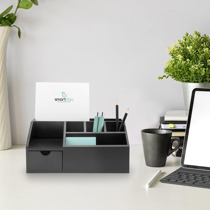 Schreibtisch Organizer aus Bambus Holz mit Schublade schwarz - Ordnungssystem Büro Stiftehalter, Sti