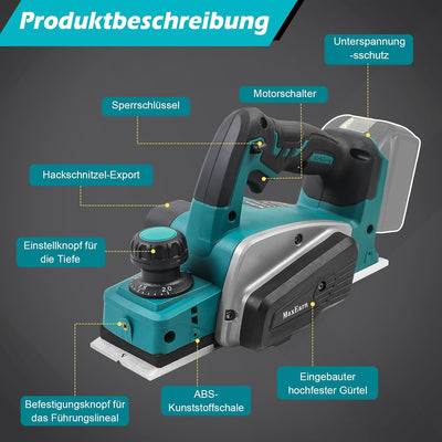 MaxEarn Akku Elektrohobel Holz, Automatischer Kabelloser Hobel für Makita 18V Akku, 82 mm Hobelbreit