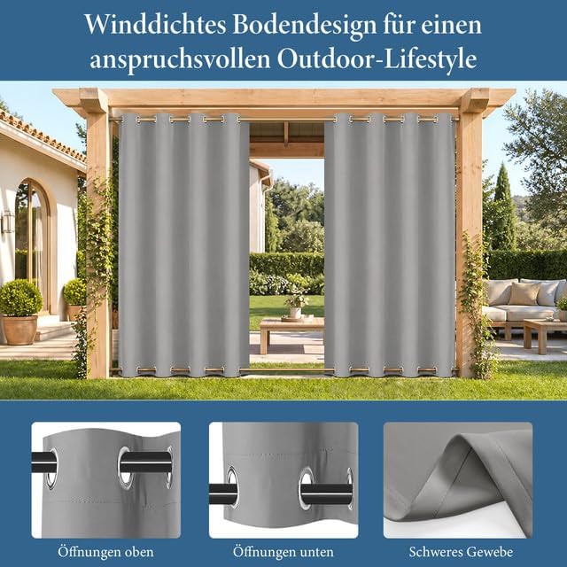 Rosnek Outdoor Vorhang Wetterfest Winddicht, Balkon Gardinen mit Ösen Oben & Unten, Blickdicht Wasse