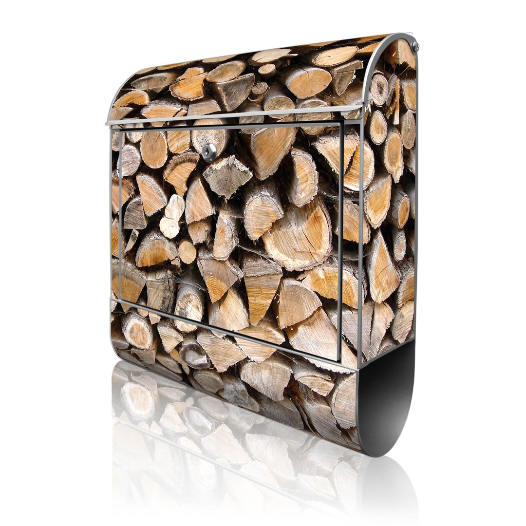 banjado® Design Briefkasten mit Motiv Holzstapel 39x47x14cm &amp; 2 Schlüssel - Briefkasten Stahl Silber