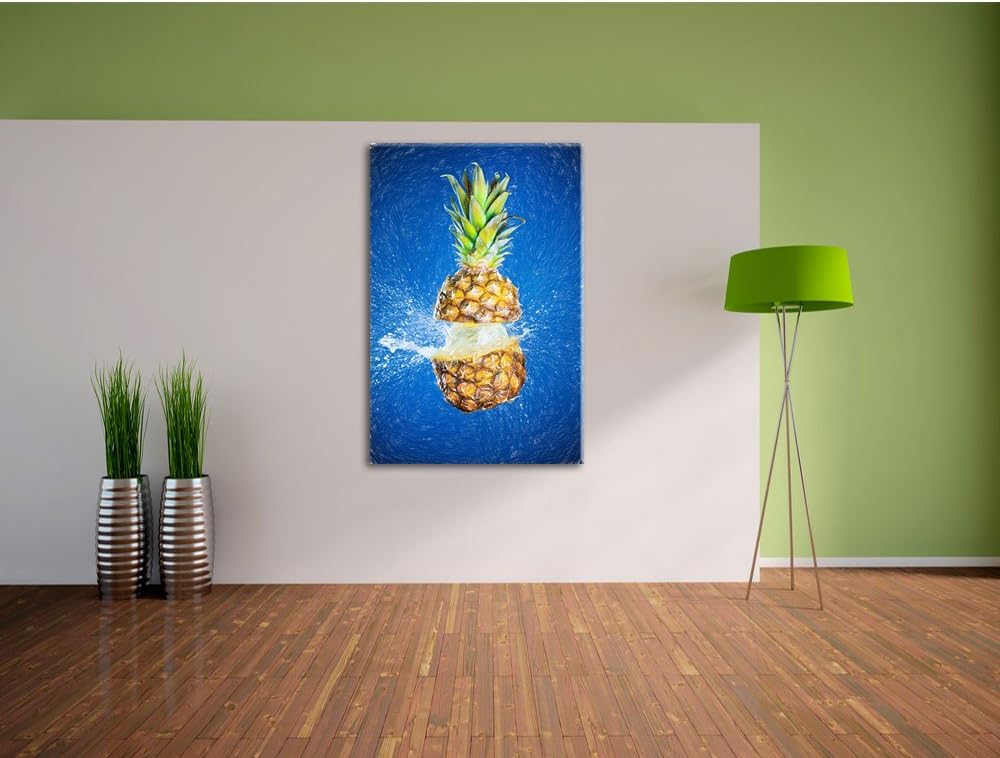 Pixxprint Ananas mit Wasser bespritzt Kunst Buntstift Effekt, Format: 100x70 auf Leinwand, 100x70