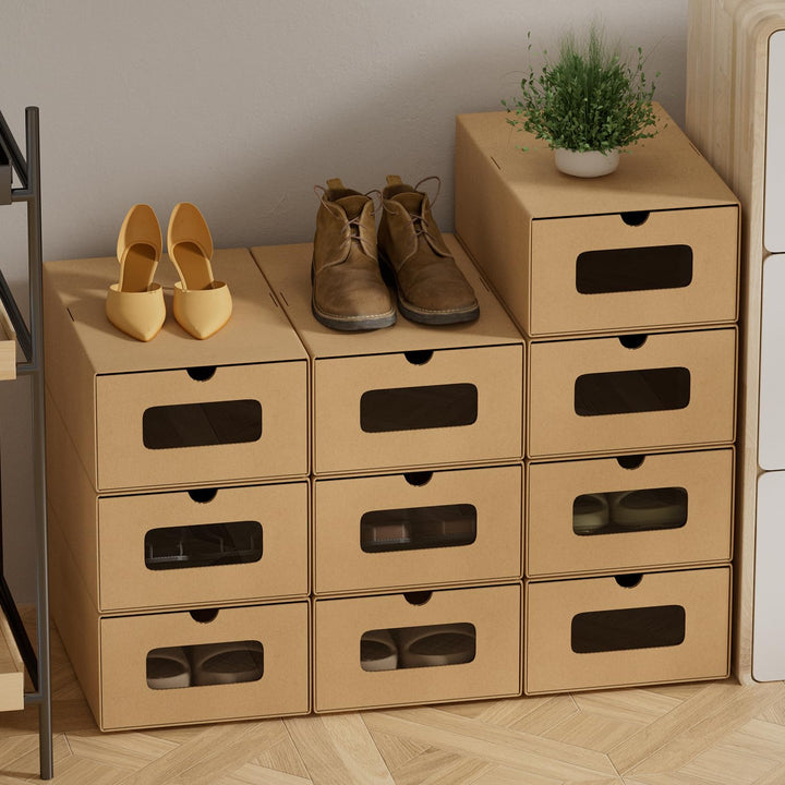 30x Aufbewahrungsbox in Braun – Stapelbare Schuhbox aus Kraftpapier mit Sichtfenster, Faltbare Schuh