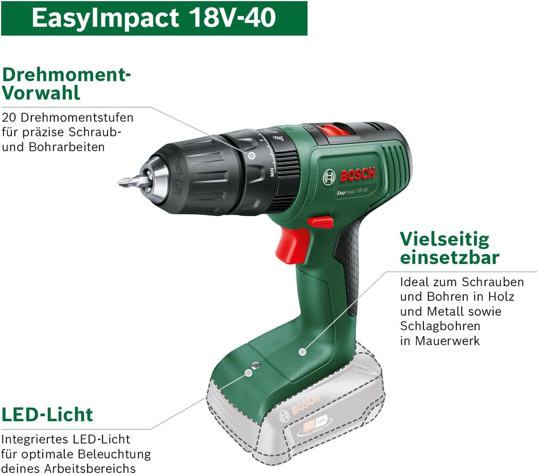 Bosch Akku Schlagbohrschrauber EasyImpact 18V-40 (1 Akku 2,0 Ah, 18 Volt System, im Koffer) EasyImpa