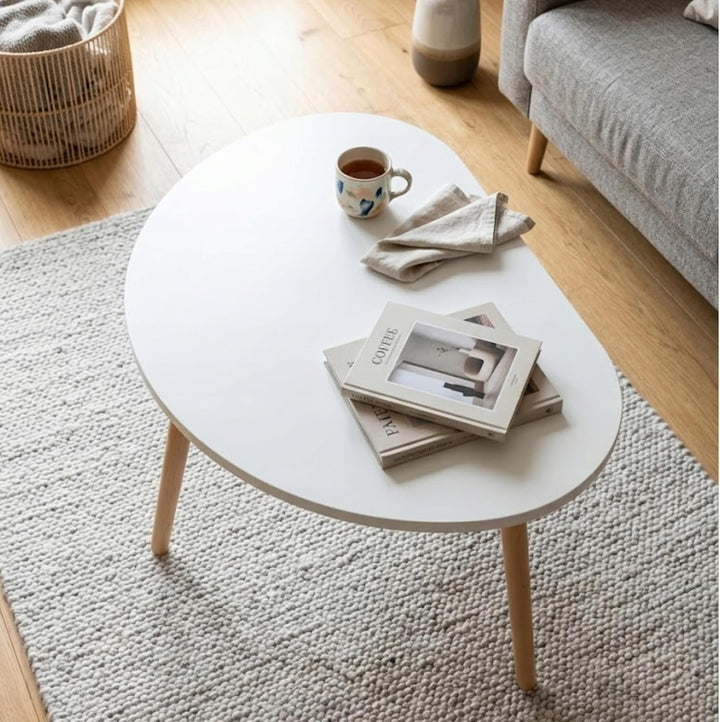 PlayPals Couchtisch Weiss 60x40 Oval Organisch – Skandinavischer Wohnzimmertisch Holzbeine, Kleiner