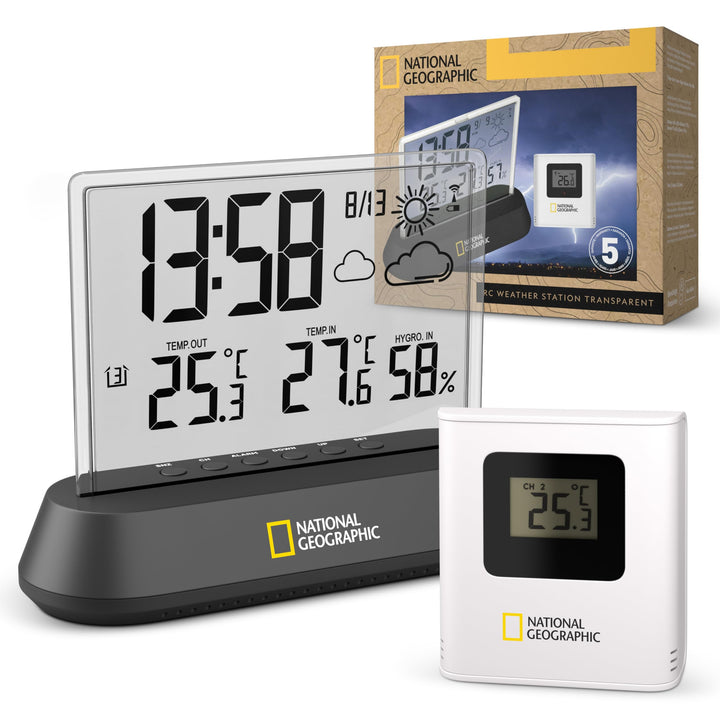 National Geographic 9070300 Wetterstation Funk mit Aussensensor in transparentem Design mit Anzeige