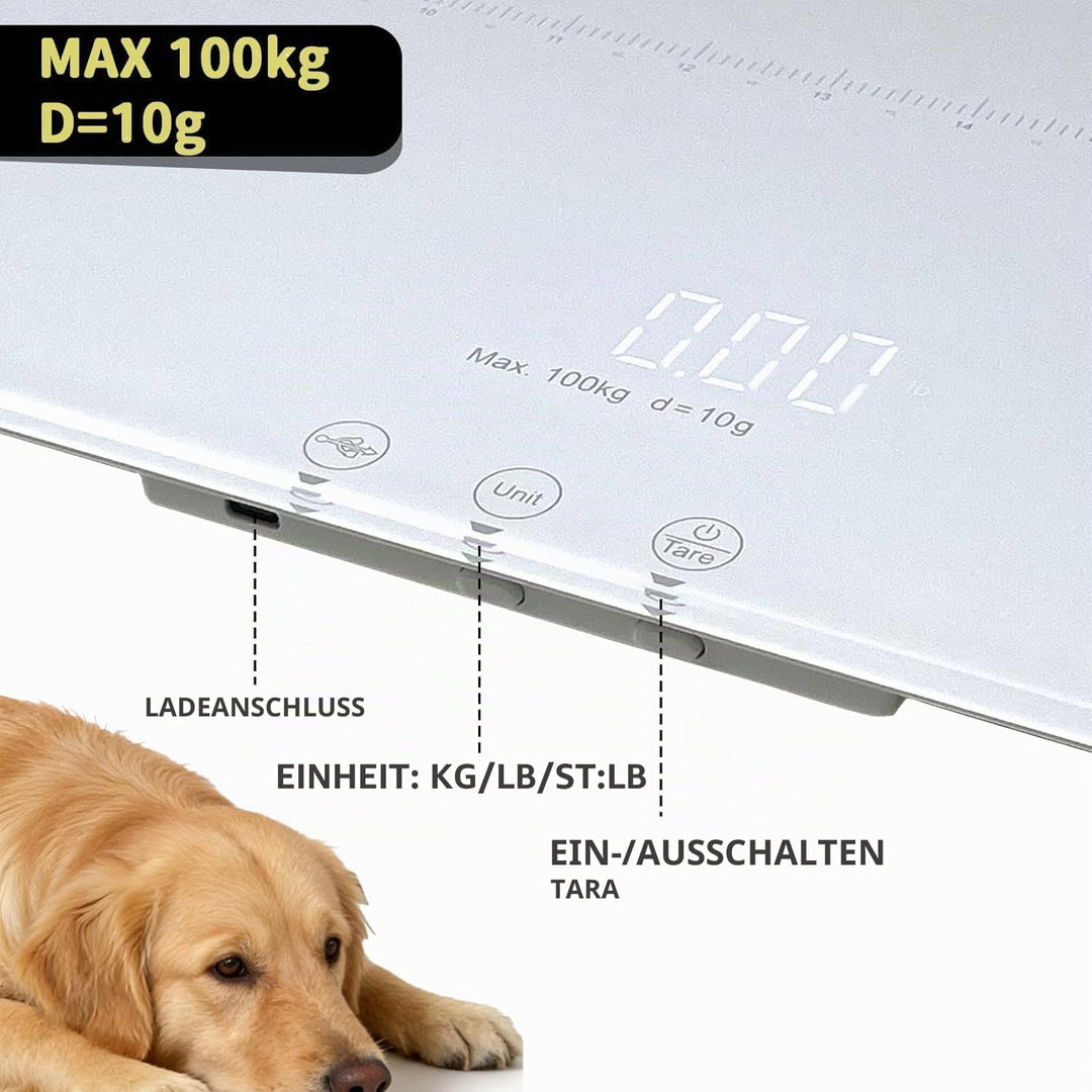 Digitale Haustierwaage für Hunde und Katzen, grosse Hundewaage, max. 220 Pfund, wiederaufladbare Ver