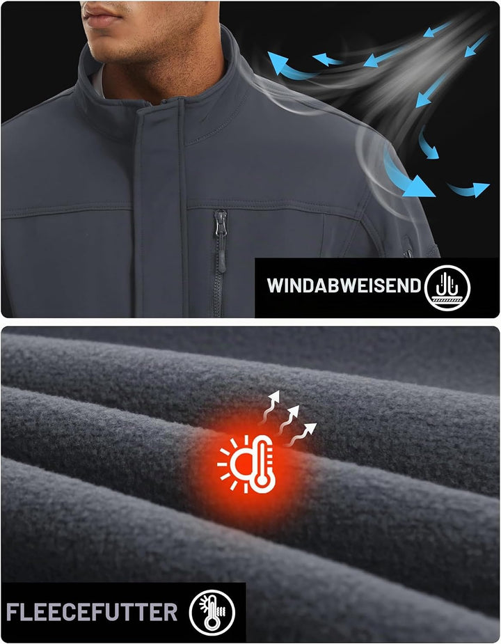 TACVASEN Herren Softshell Jacke Winddichte Warme Fleece Outdoorjacke Übergangsjacke mit Reissverschl