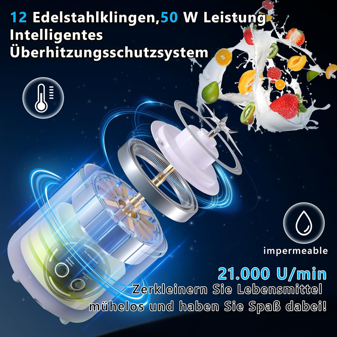EasySpeed Tragbarer Mixer, 700 ml Persönlicher Mini-Mixer, 1500 mAh Elektrisch Typ C über USB, 12 Ed
