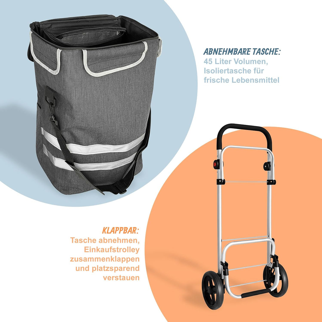 Relaxdays Einkaufstrolley, 2 grosse Räder, Kühlfach, abnehmbare Tasche, 45 l, bis 35 kg, Einkaufswag