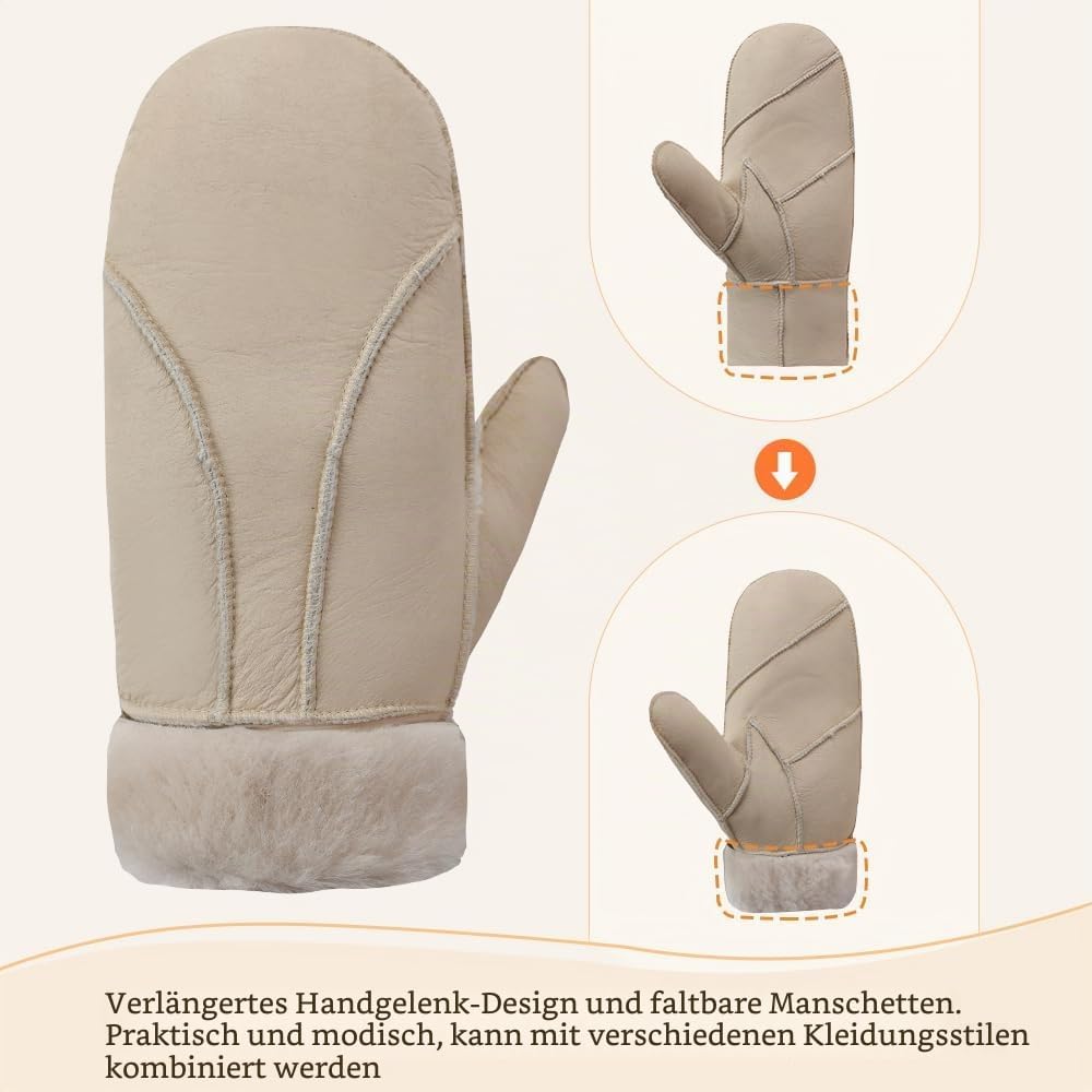 MGGMOKAY Damen Fäustlinge für Winter Damen Lammfell Shearling Fäustlinge Winter Lederhandschuh XL Be