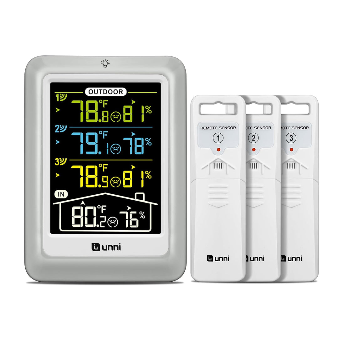 U UNNI Funk Wetterstation mit 3 Aussensensoren, 4.5 Zoll Display Temperatur Feuchte Monitor mit 330