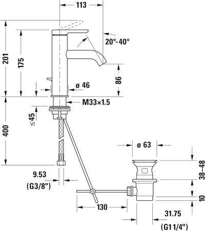 Duravit C11020 C.1 Waschtischarmatur, Grösse M (Auslauf Höhe 86 mm). Wasserhahn Bad mit Zugstangen-A