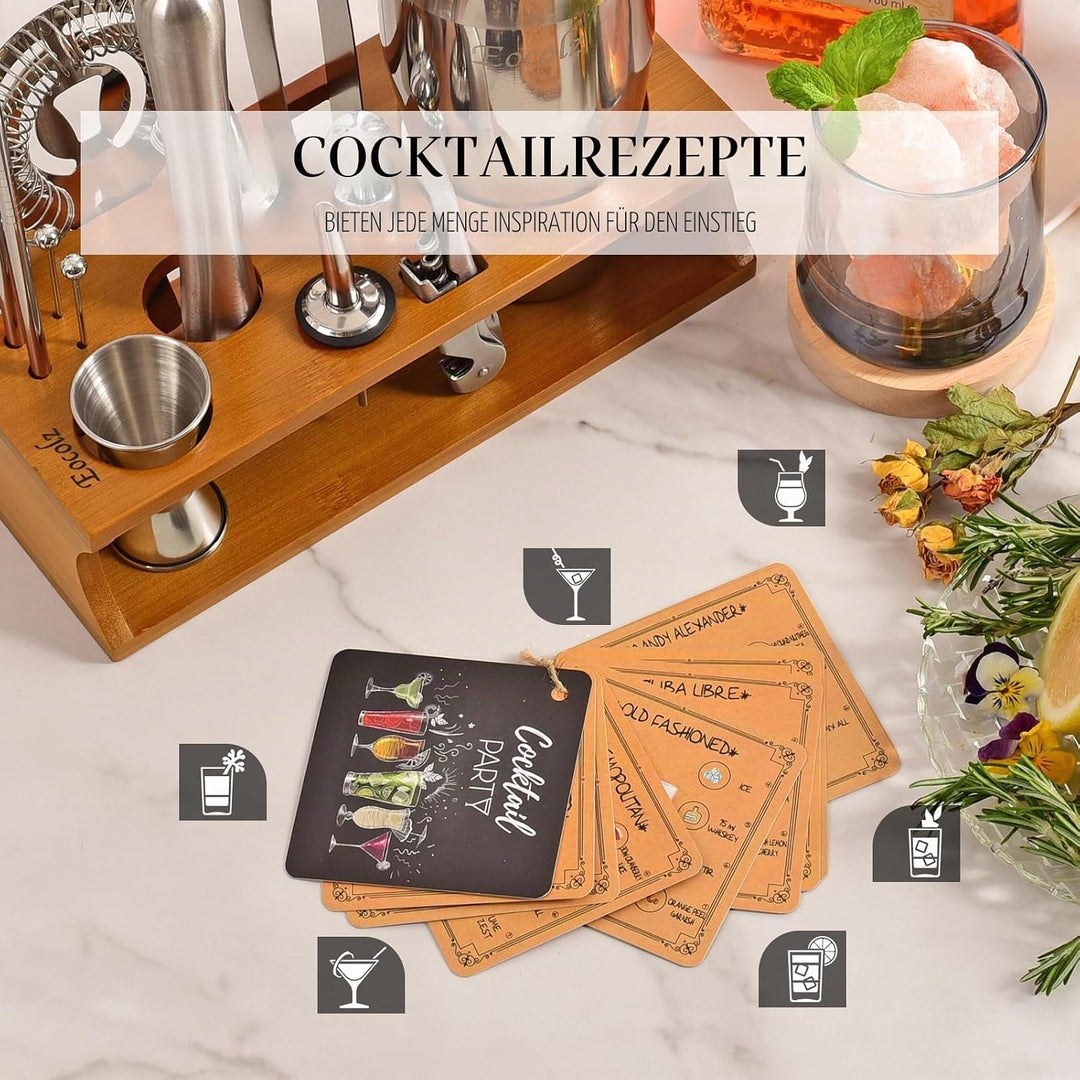Cocktail Shaker Set mit Bambus Ständer & Rezeptbuch, Edelstahl 750ml Bar Cocktailset Cocktailshaker