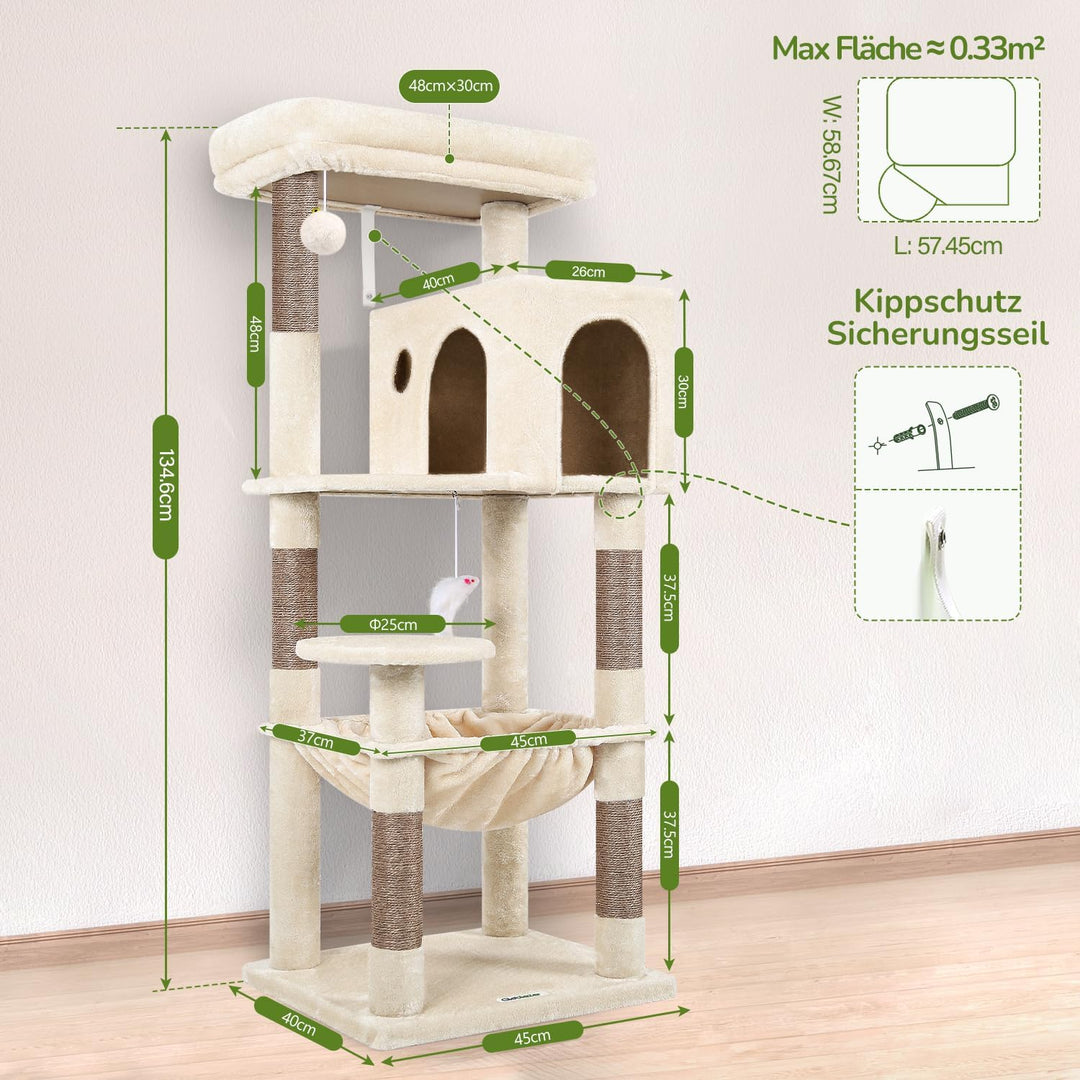 Globlazer Kratzbaum Beige mit Extragrosse Hängematte 45 * 40cm, Grosse Katzenhaus, Gepolsterte Platt