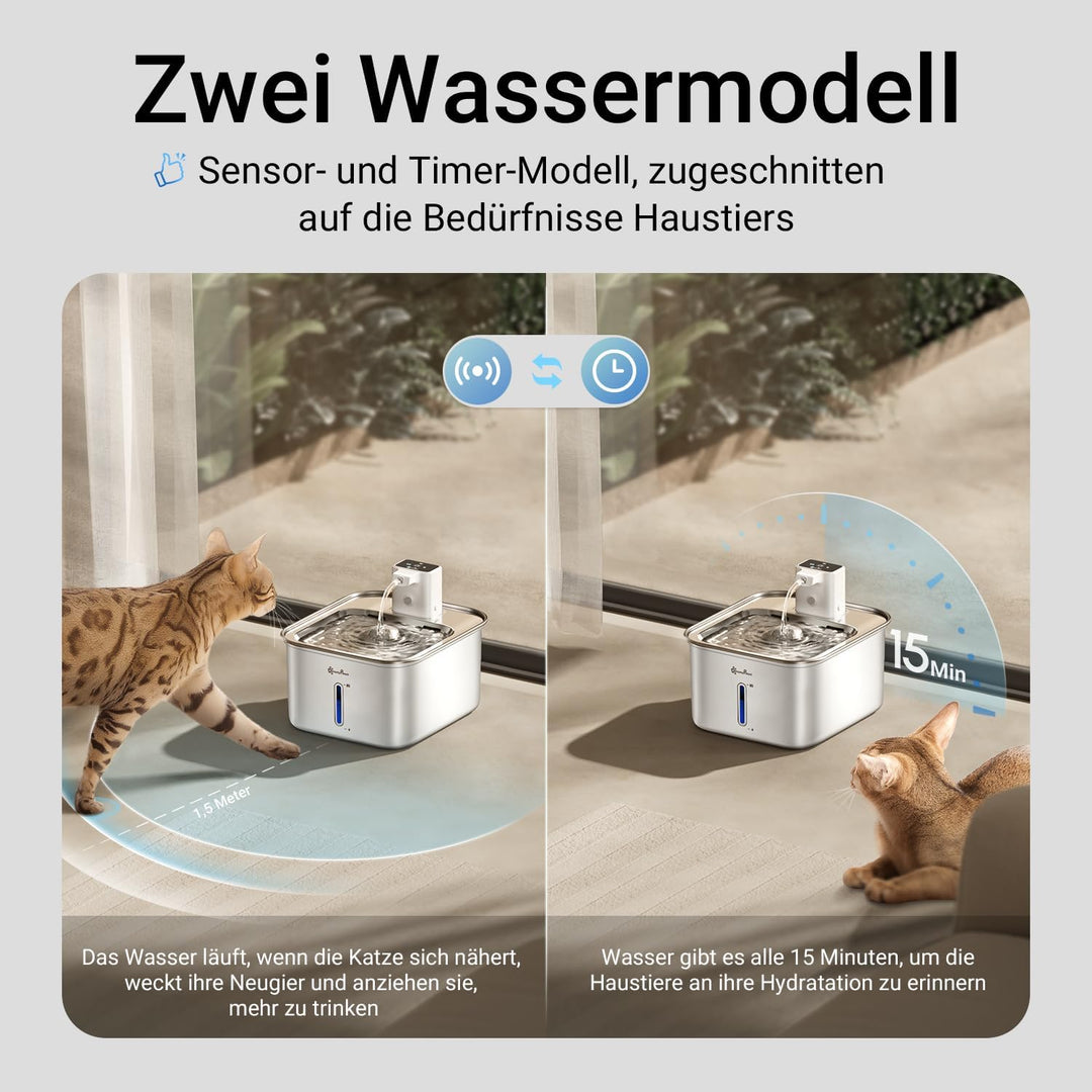DownyPaws Katzenbrunnen Edelstahl Kabellos, Trinkbrunnen für Katze Edelstahl mit Bewegungsmelder und