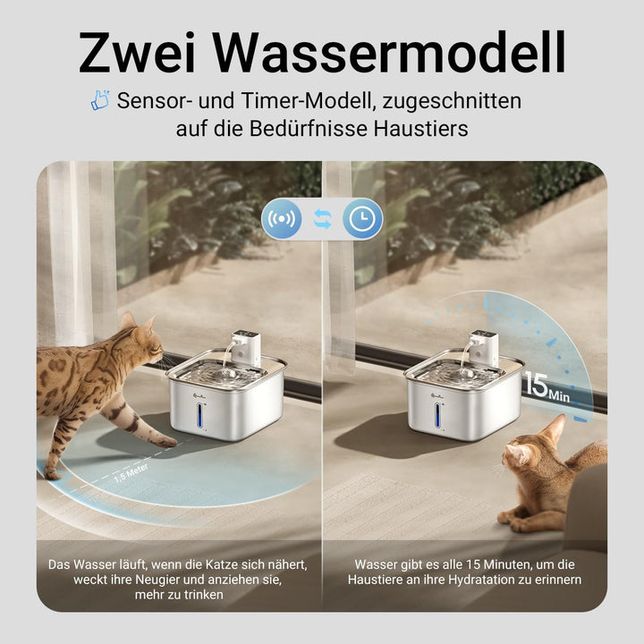 DownyPaws Katzenbrunnen Edelstahl Kabellos, Trinkbrunnen für Katze Edelstahl mit Bewegungsmelder und