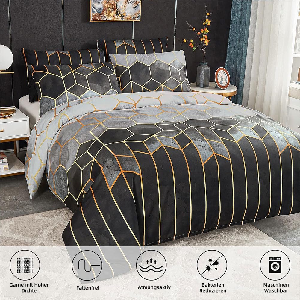 Freyamy Marmor Bettwäsche 200x200cm Grau Geometrisch Wendebettwäsche Vintage Kariert Microfaser Dopp