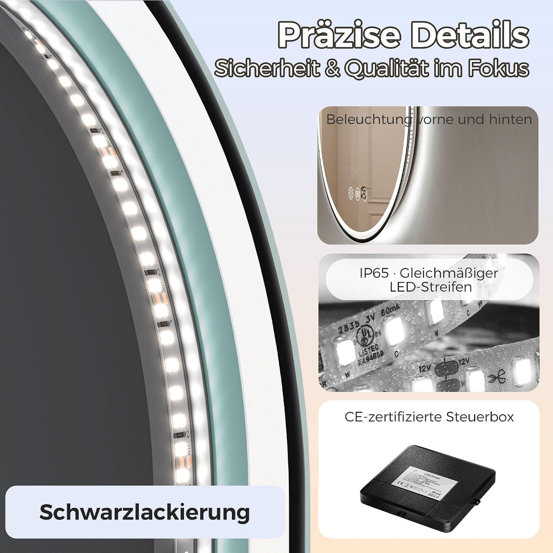 STARLEAD Schwarz Oval-LED-Badspiegel-mit-Beleuchtung 80x50cm, Bluetooth, Dimmbar, 3 Lichtfarben, Ent