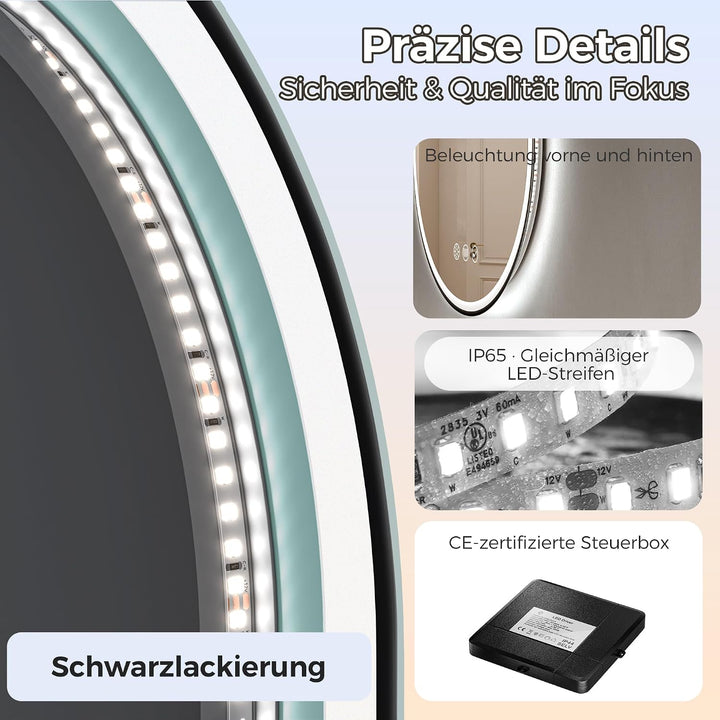 STARLEAD Schwarz Oval-LED-Badspiegel-mit-Beleuchtung 80x50cm, Bluetooth, Dimmbar, 3 Lichtfarben, Ent
