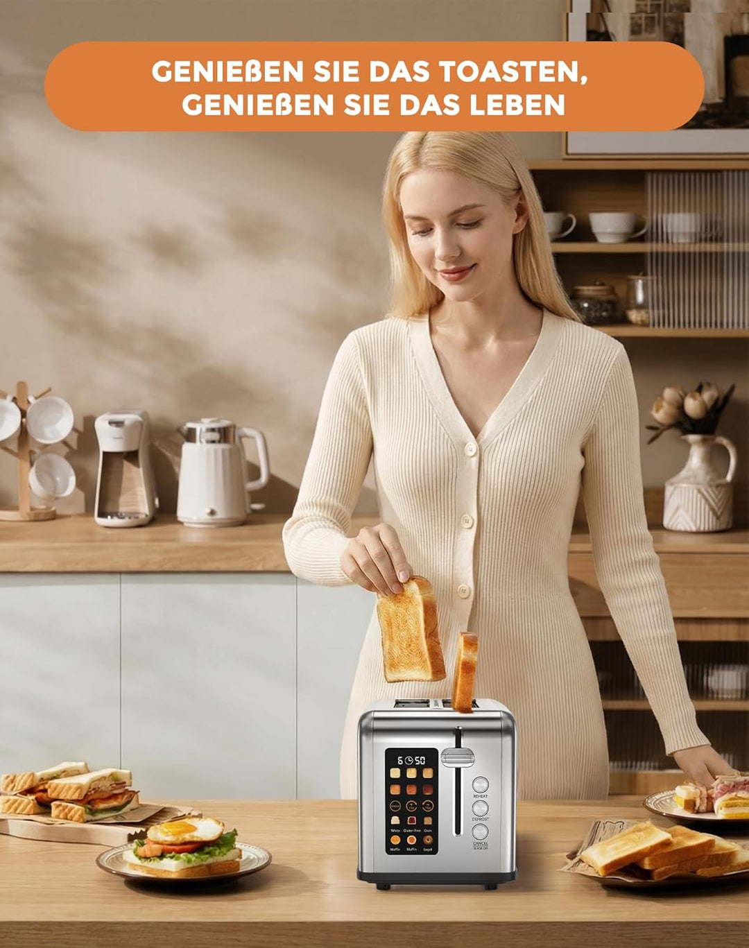 Toaster 2 Scheiben, LED-Touchscreen, Edelstahl Langschlitztoaster, 6 Bräunungsstufen, 6 Brotprogramm