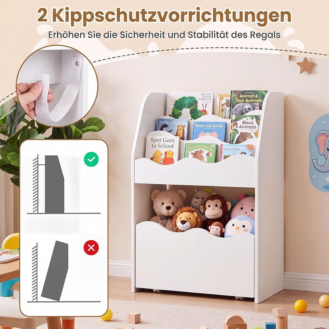 COSTWAY Kinder Bücherregal mit Schublade auf Rollen (Weiss) | 3-stufiges Kinderregal wellenförmig au