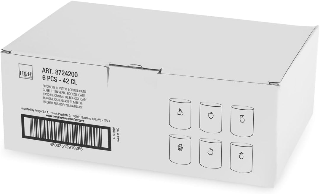 H&H Set mit 6 Gläsern – Borosilikatglas – 42 cl – Externe Miniaturen mit Fruchtdekor – Spülmaschinen