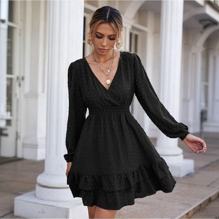 Damen Langarm Kleid V-Ausschnitt Wickelkleid Tunika Kleider Partykleid Sexy Casual Midikleid Elegant