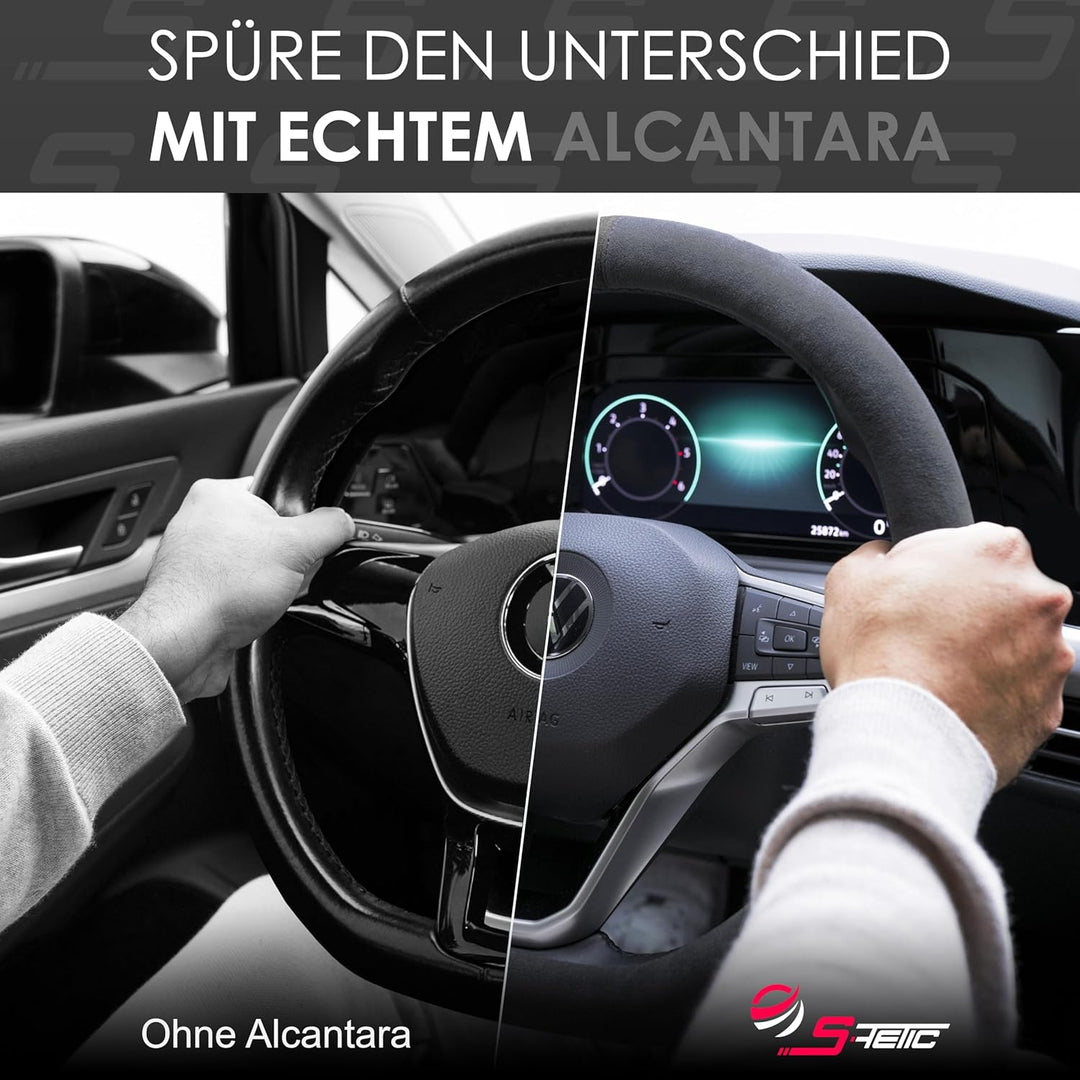 S-TETIC® Premium Lenkradbezug aus Alcantara | D-Form | Schwarze 12-Uhr Markierung | Universalgrösse