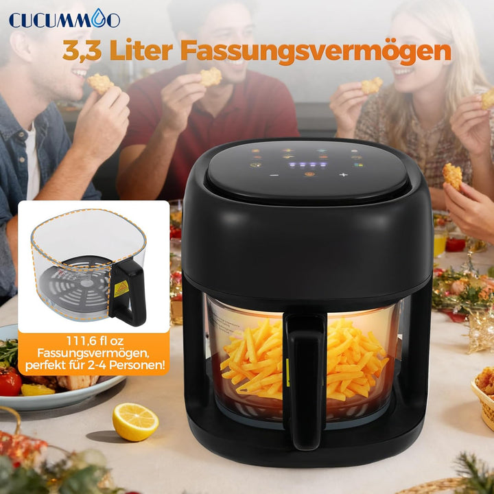 Heissluftfritteuse/Air Fryer, 3.3L Smart Airfryer mit Full Touch Screen & Sichtfenster, Garen und Ba