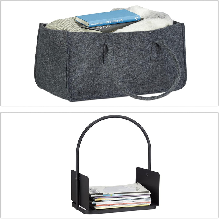 3 tlg. Kamin-Set, Kaminholztasche, Kaminholzkorb, Kohlenschaufel, Filz, Stahl, faltbar, Henkel, schw