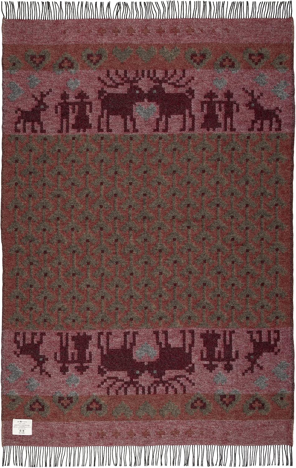ÖJBRO VANTFABRIK "Fästfolk Embla&Erling gewebte Wolldecke mit Fransen 130x220 cm Russ/weinrot/grau 1