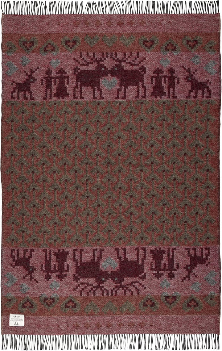 ÖJBRO VANTFABRIK "Fästfolk Embla&Erling gewebte Wolldecke mit Fransen 130x220 cm Russ/weinrot/grau 1