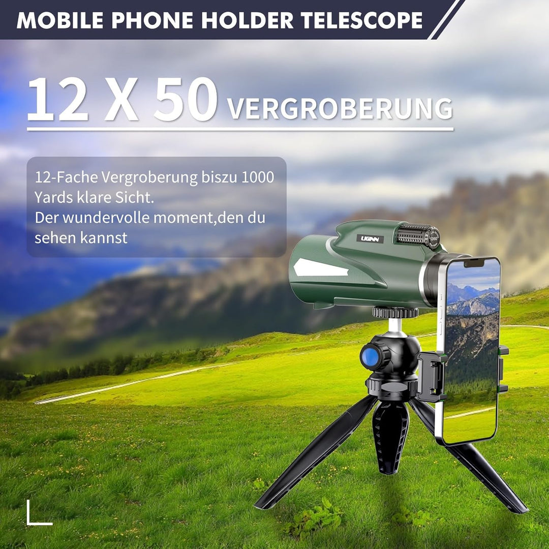 AiMeiteng 12x50 Monokular Teleskop mit Smartphone Halter Stativ, Kompaktes Monokular Hochleistungs T