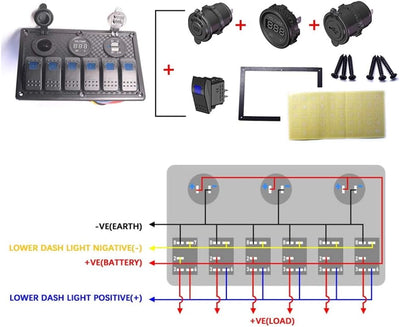 Thlevel wasserdichte 6 Gang Schalter Panel Rocker Schalttafel, 12V/24V Digitaler Spannungsmesser, Do