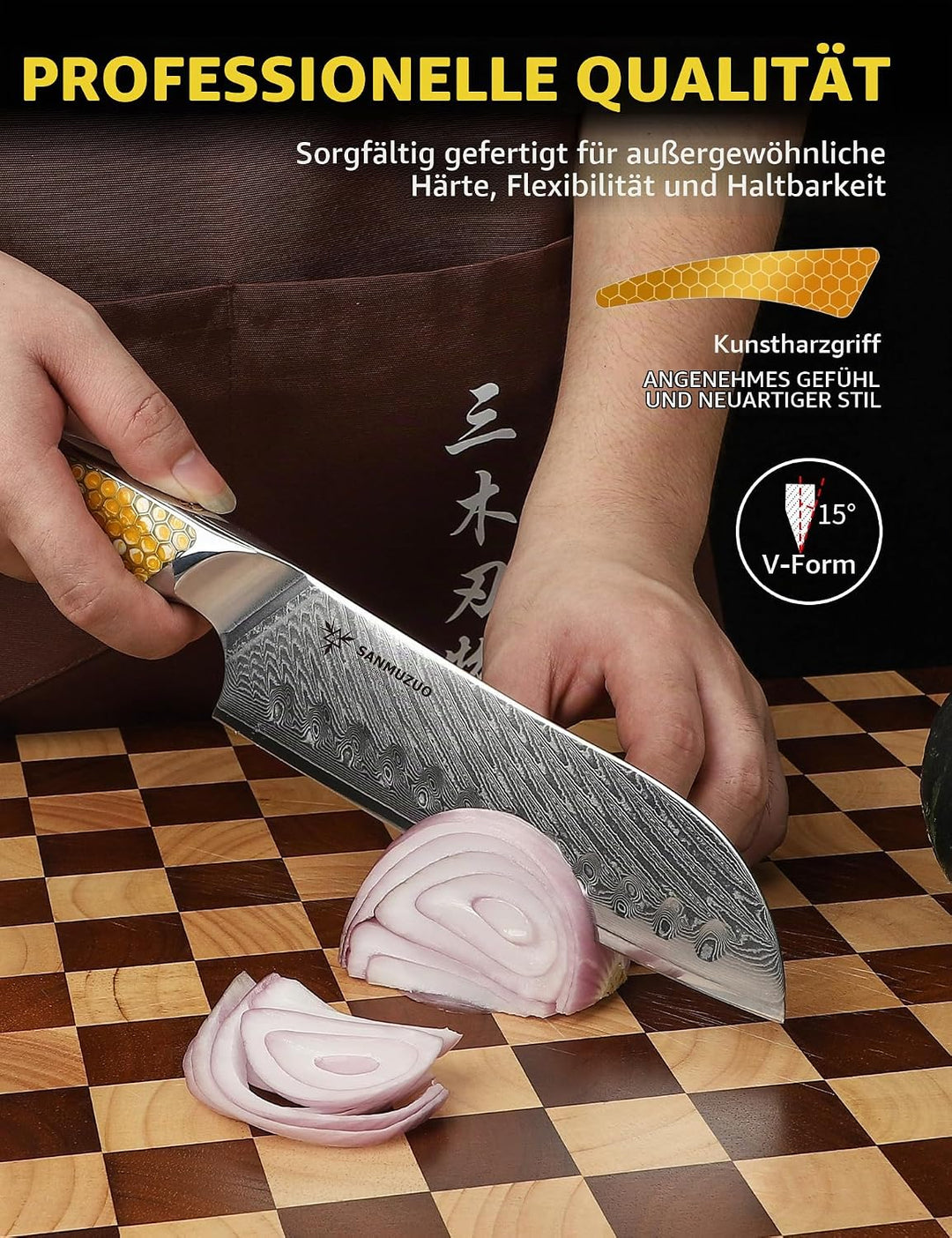 SANMUZUO 17,5CM Santokumesser, Kochmesser aus Japanischem VG-10-Damaststahl, ultrascharfes Küchenmes