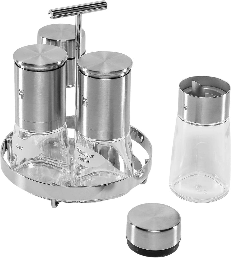 WMF De Luxe Menage-Set 5-teilig, für Salz, Pfeffer, Essig, Öl, Ständer mit 2 Essig-/ Ölspender, Salz