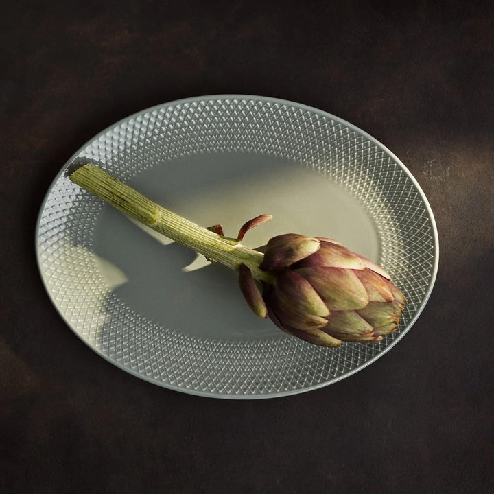Lyngby Porcelæn - Rhombe Earth Servierplatte oval 21,5 x 28,5 cm, Moss Grau, Grau