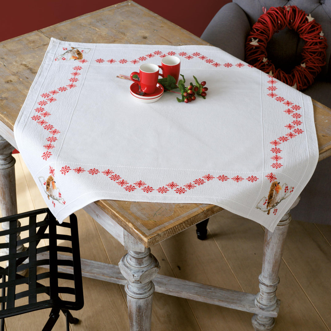 Vervaco Aida Decke Rotkehlchen Kreuzstichpackung, Weiss, 80 x 80 x 0,30 cm