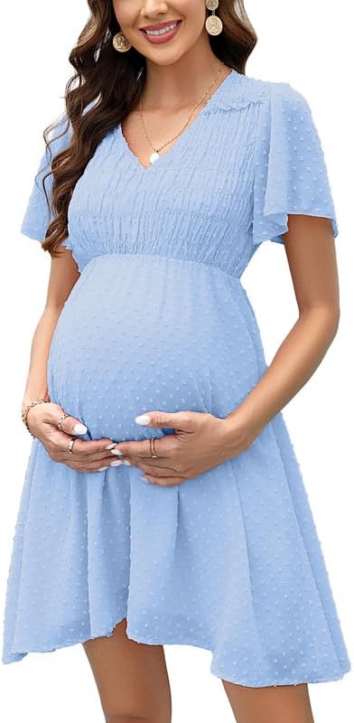 Clearlove Damen Schwangerschaftskleid aus Schweizer Pünktchen-Chiffon mit kurzen Ärmeln für den Somm