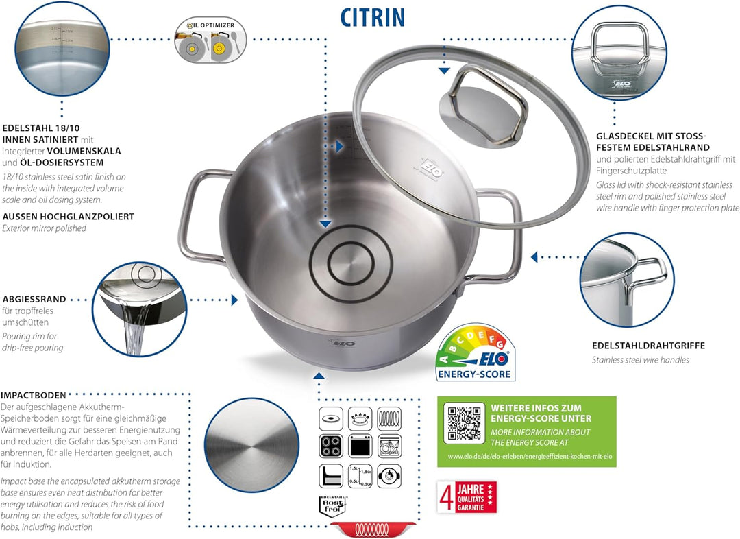 ELO 72447 Citrin 26cm Gemüsetopf 26 cm, Edelstahl, Volumenskala, Öl-Dosiersystem (Oil Optimizer), Ed