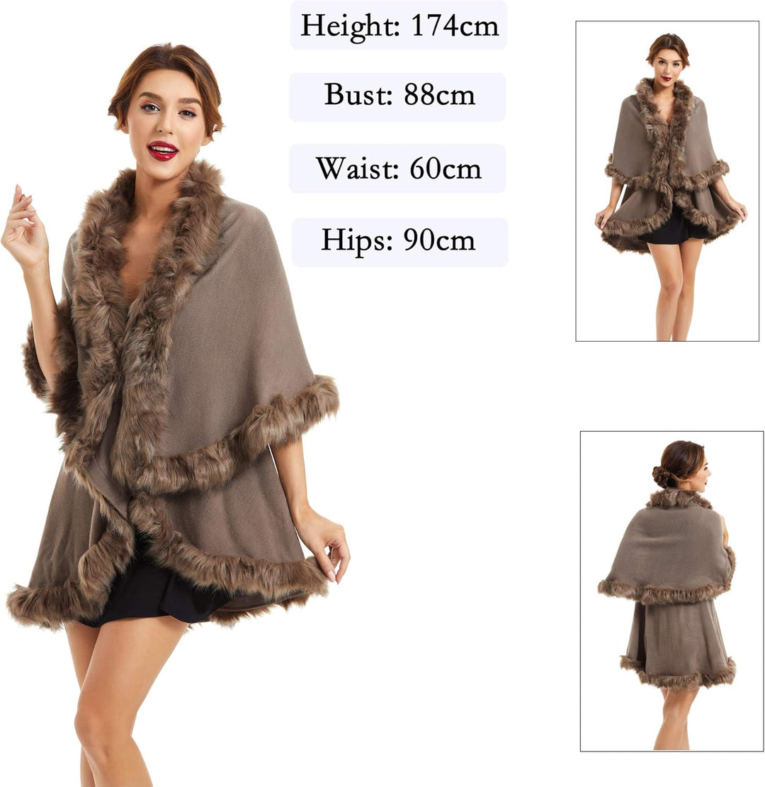 ZLYC Damen Open Front Faux Fur Poncho Cape Cardigan Sweater Strickjacke Einheitsgrösse Khaki, Einhei