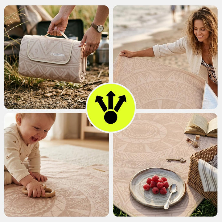 HyperMotion Picknickdecke XXL 200x200 cm Boho wasserfest Beige | XXL Picknickdecke mit wasserfester