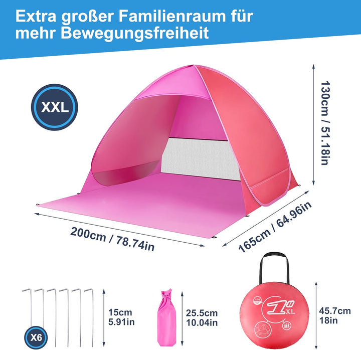 XXL Strandmuschel Pop Up für 3 Erwachsene oder 5 Kinder (200x165x130cm) - Silberbeschichtetes Strand