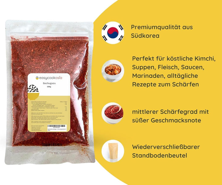 EasyCookAsia Gochugaru | Koreanische Gochugaru Chiliflocken in Plastik | 100g | Gochugaru Chili Flak