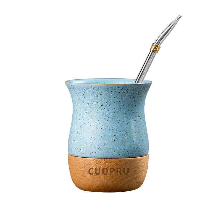 Yerba Mate Keramiktasse mit originalem Holzsockel, 237 ml, inklusive Mate-Kürbis, Bombilla-Strohhalm