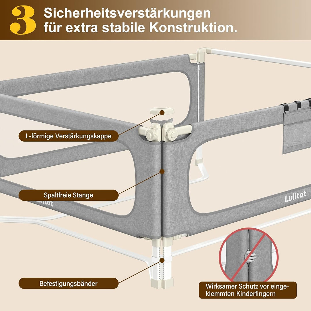 Bettgitter Rausfallschutz 3-seitig 180x200cm mit Spaltfüllstäbe | U-förmige Stabilstangen, Höhenvers
