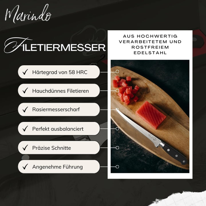 Marindo Profi Filetiermesser inkl. Scheide | Gesamtlänge: 30,5cm | Klingenlänge: 18,5cm | für Fisch