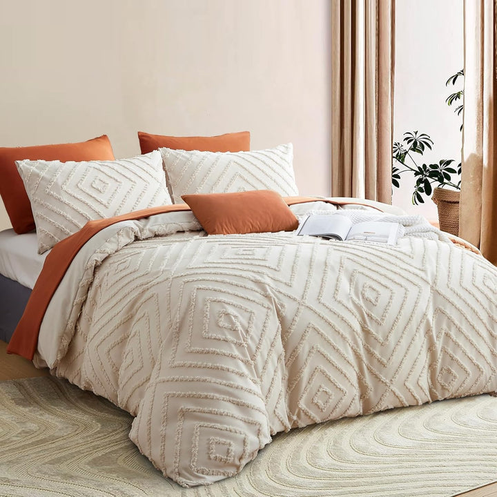 Freyamy Boho Bettwäsche 135x200cm Beige Getuftet Kariert Bettwäsche-Sets Stickerei Shabby Chic Bettw